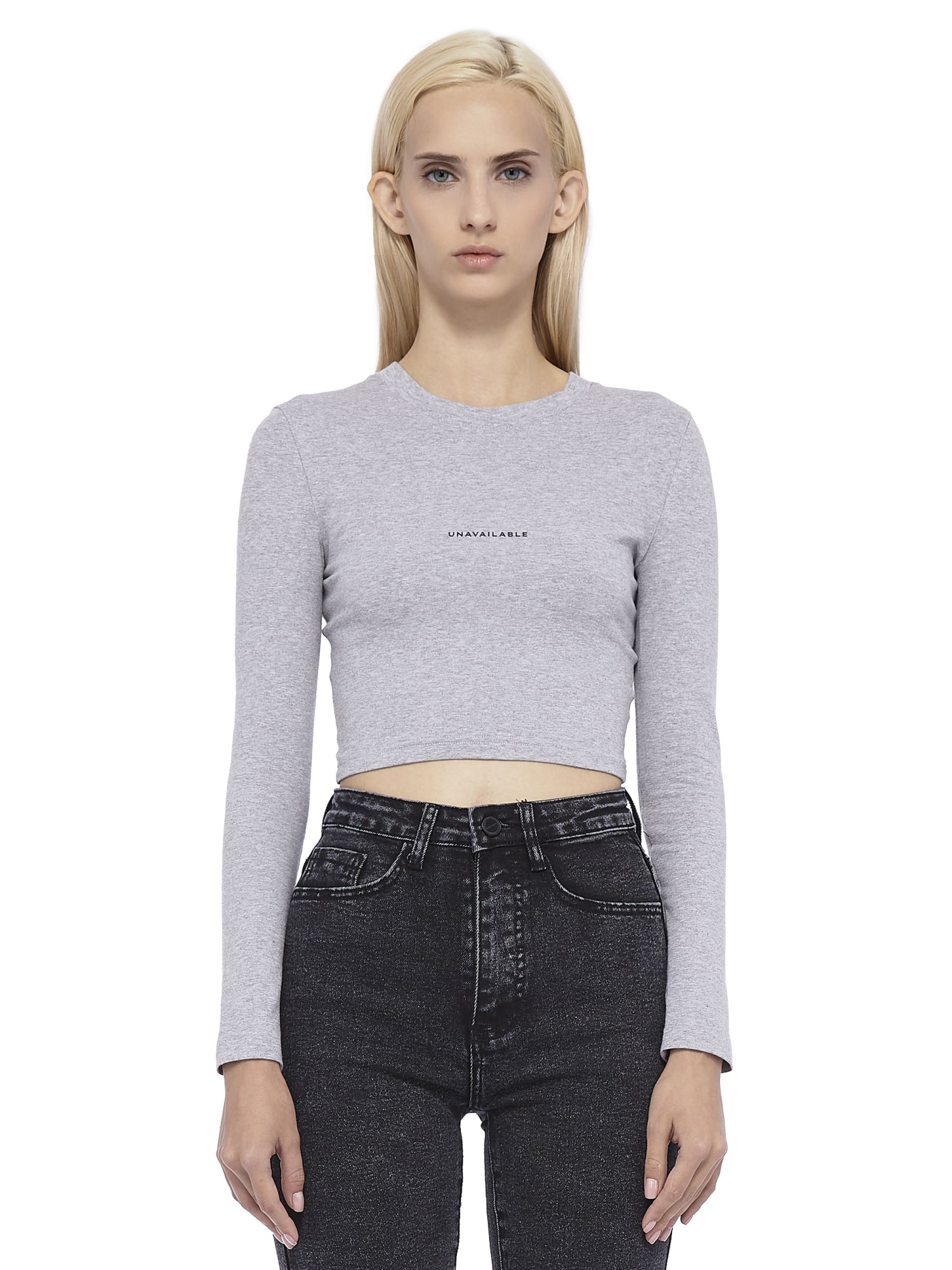 Cropped Long Sleeve T-shirt Base Logo Fitted Grey Melange