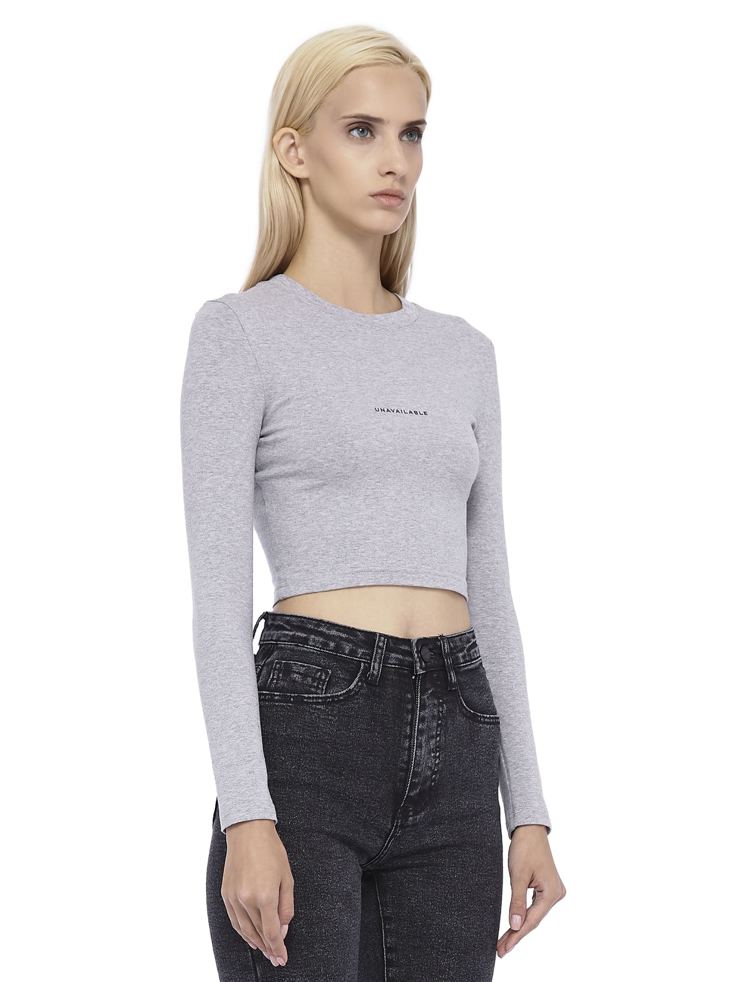 Cropped Long Sleeve T-shirt Base Logo Fitted Grey Melange